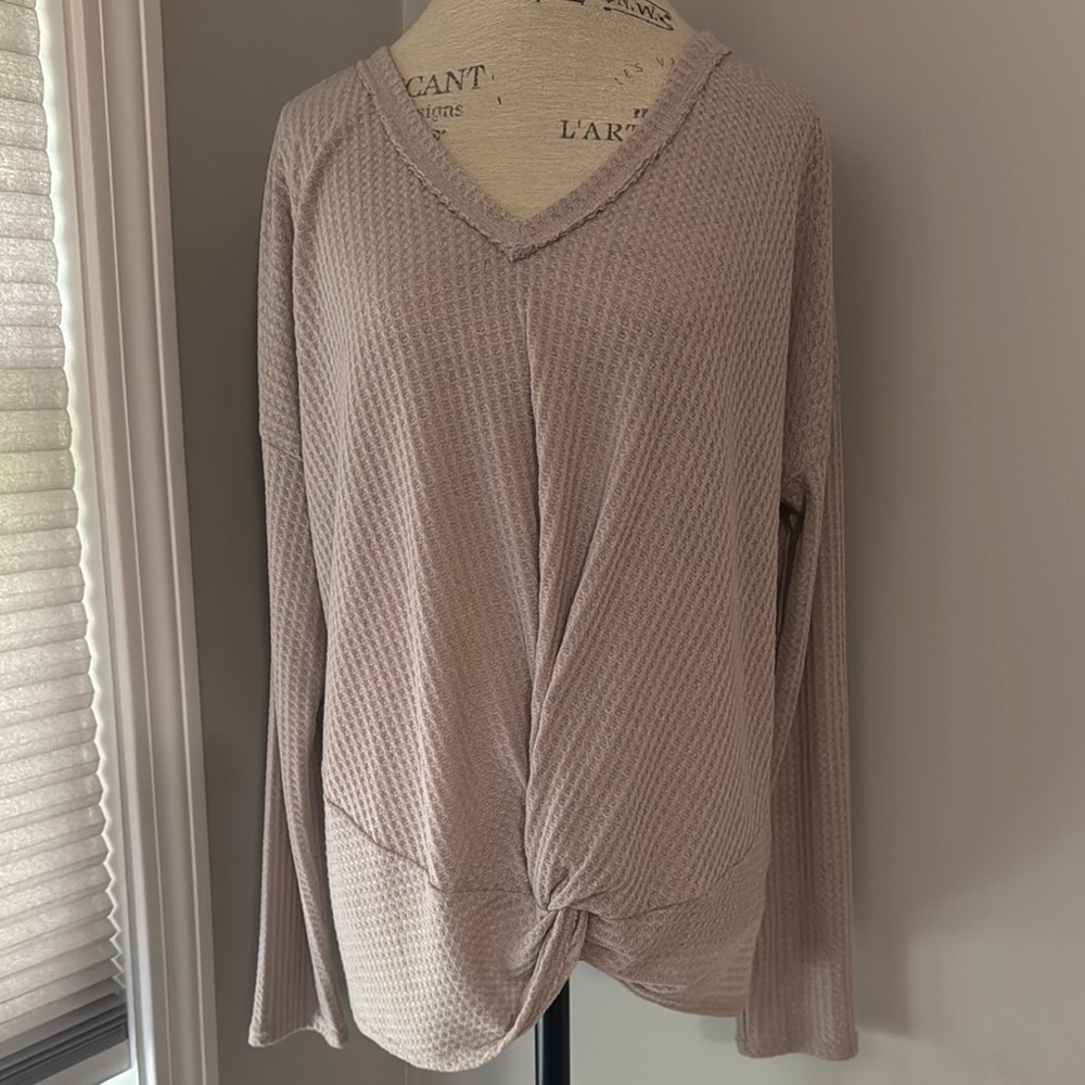 Top Beige Waffle Knit Long Sleeves Knot Detail by Very J NWOT
